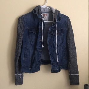 Denim jacket with sweatshirt hood and sleeves